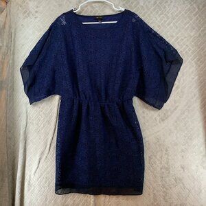 AB Studio Womens XL Mini Dress Navy Blue Floral Lace Lined Short Kimono Sleeve